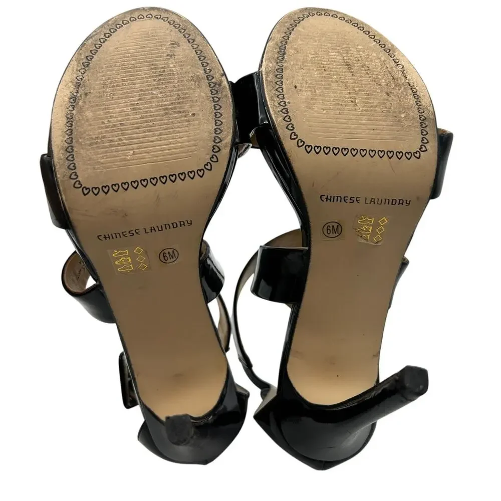 Chinese Laundry Blackjack Black Patent Platform Strappy Stiletto Heels Size 6